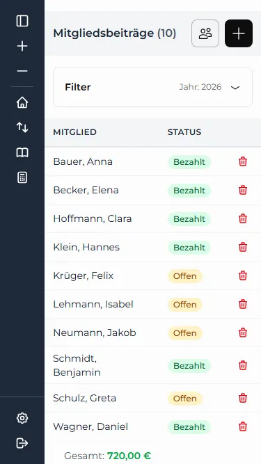 Mitgliedsbeiträge auf dem Smartphone mit Status Offen und Bezahlt