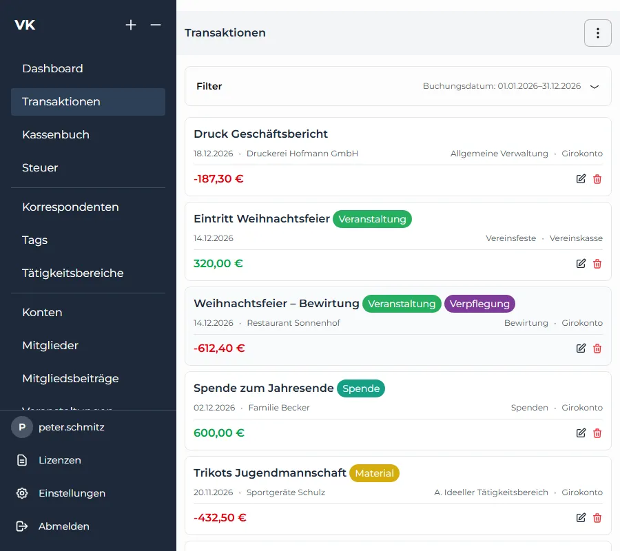 Transaktionsliste mit Tags Spende, Veranstaltung und Material, Korrespondent und Tätigkeitsbereich je Buchung